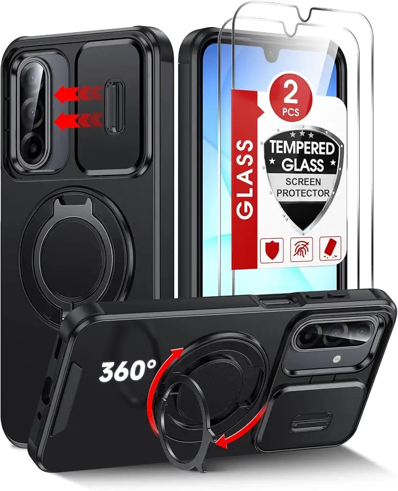 LeYi for Samsung Galaxy A17/A16-5G Phone Case: Samsung A17 5G Case with Screen Protector X 2, Slide Camera Cover with Magnetic Stand, Military-Grade para Unlocked Android CelularesA 17 Case, Black