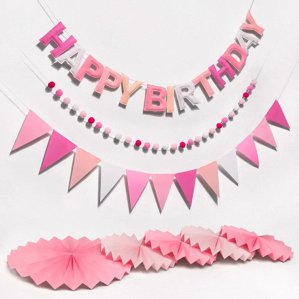 3D Happy Birthday Banner, Pre-Strung Felt Party Decorations (Pink) | Ready-to-Hang 3D Felt Set, Includes Ball Garland, Pennant Flags & Fans, Durable & Reusable, Ideal for Boys, Girls & Adults