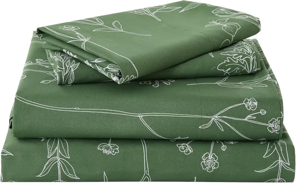 Queen Size Bed Sheets Set Green Floral Pattern Deep Pocket Boho Bedsheets