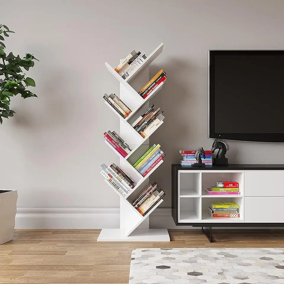 YITAHOME Bücherregal mit 9 Ebenen, CD DVD Regal Holz Industrielle Bodenstehend Baum-Bücherregal, Kleines Holzregale Standregal Eckregal Organizer für Bücher Wohnzimmer Zeitschriften Büro