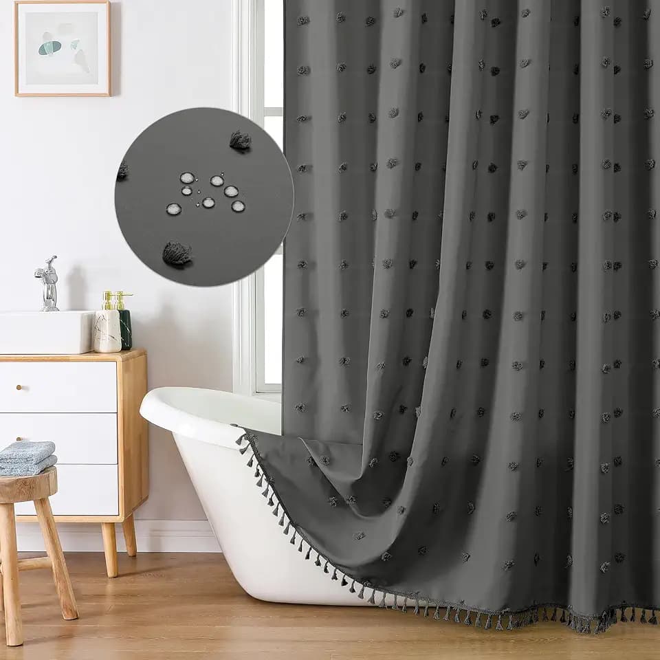 LilyCat Grey Farmhouse Tufted Floral Shower Curtain with Tassel, 72" x 72"