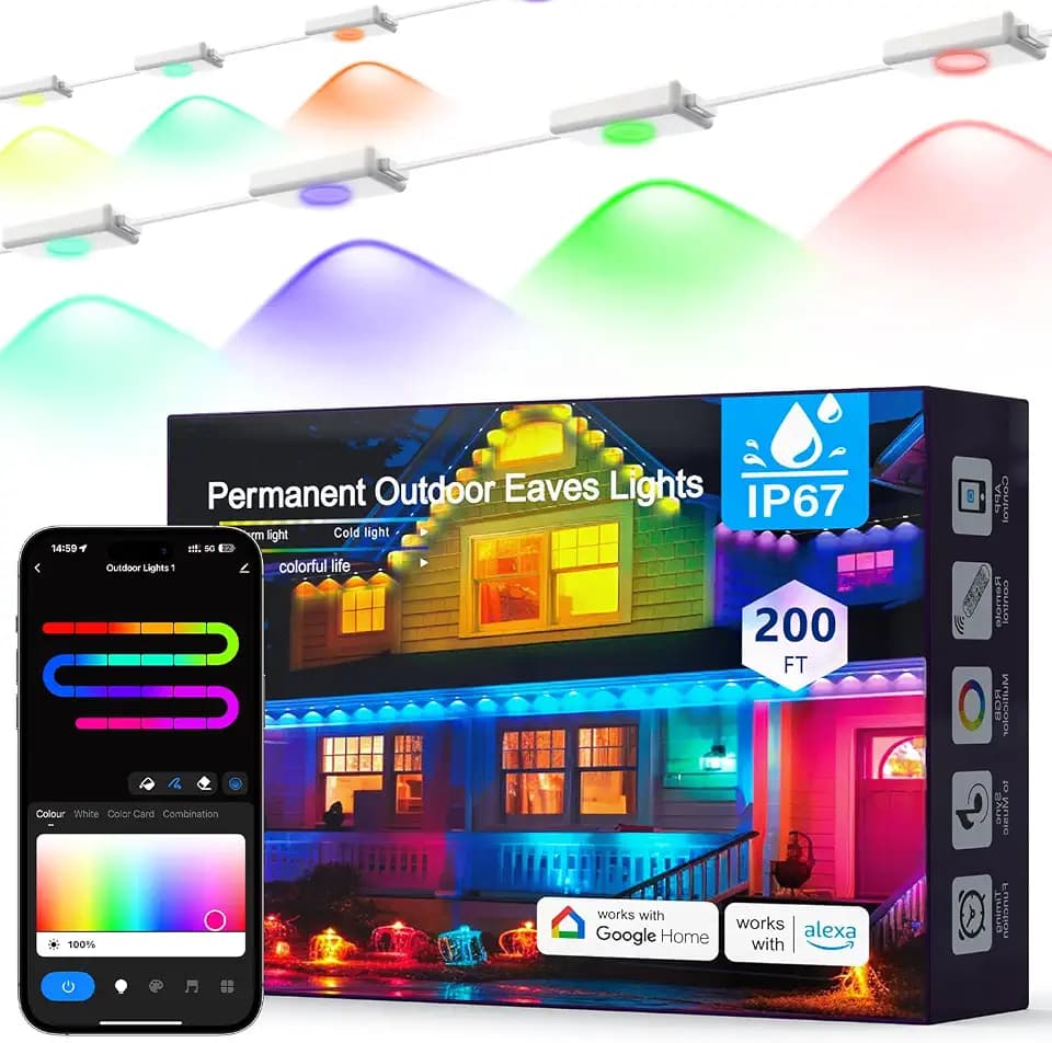 200FT Permanent Outdoor Lights Pro: Smart AI RGBTW Light, Cool/Warm Eaves Lights for Christmas Decoration, Lighting for Outdoor, Garden Daily Decor, Compatible with Alexa, Google Assistant
