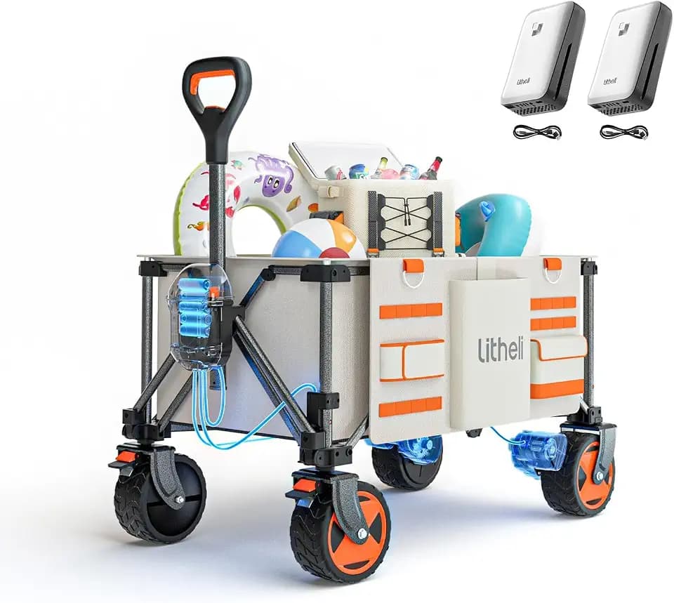 Litheli Electric Utility Wagon Cart, 150L Capacity, 450 lbs Load, Foldable Heavy-Duty Design with All-Terrain Wheels, Variable Speed Drive & Battery Power for Camping, Beach, Garden & Shopping
