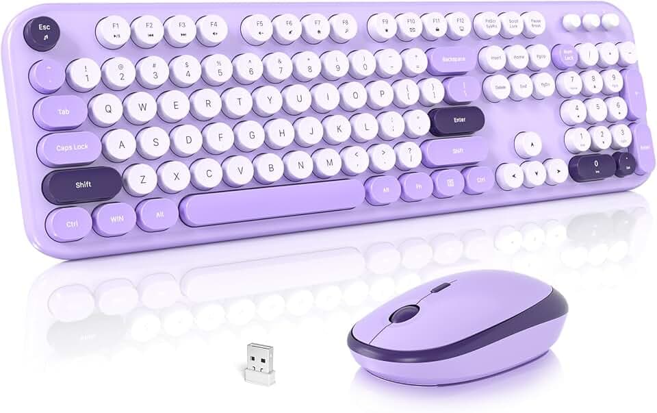 Wireless Keyboard and Mouse Set, SQMD Typewriter Full Size Keyboard with Number Pad, 2.4G USB Cute Typewriter Keyboard and Mouse Combo, for Windows 7/8/10, Laptop, Desktop, PC - Pueple Colorful