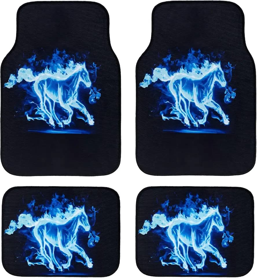 4Pcs Fabric Blue Horse Car Floor Mats Not PVC,Not Leather Automotive Floor Mats Truck SUV,Durable All-Weather Car Mats fit for Ford Bronco Mustang