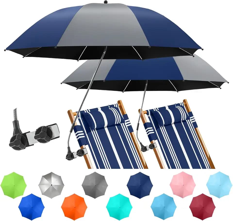 2 Pack Beach Umbrella with 360 Universal Clamp, UPF50+ Umbrella Outdoor Patio Sun Protection for Chairs, Beach &Patio Use (Not Include Chair)