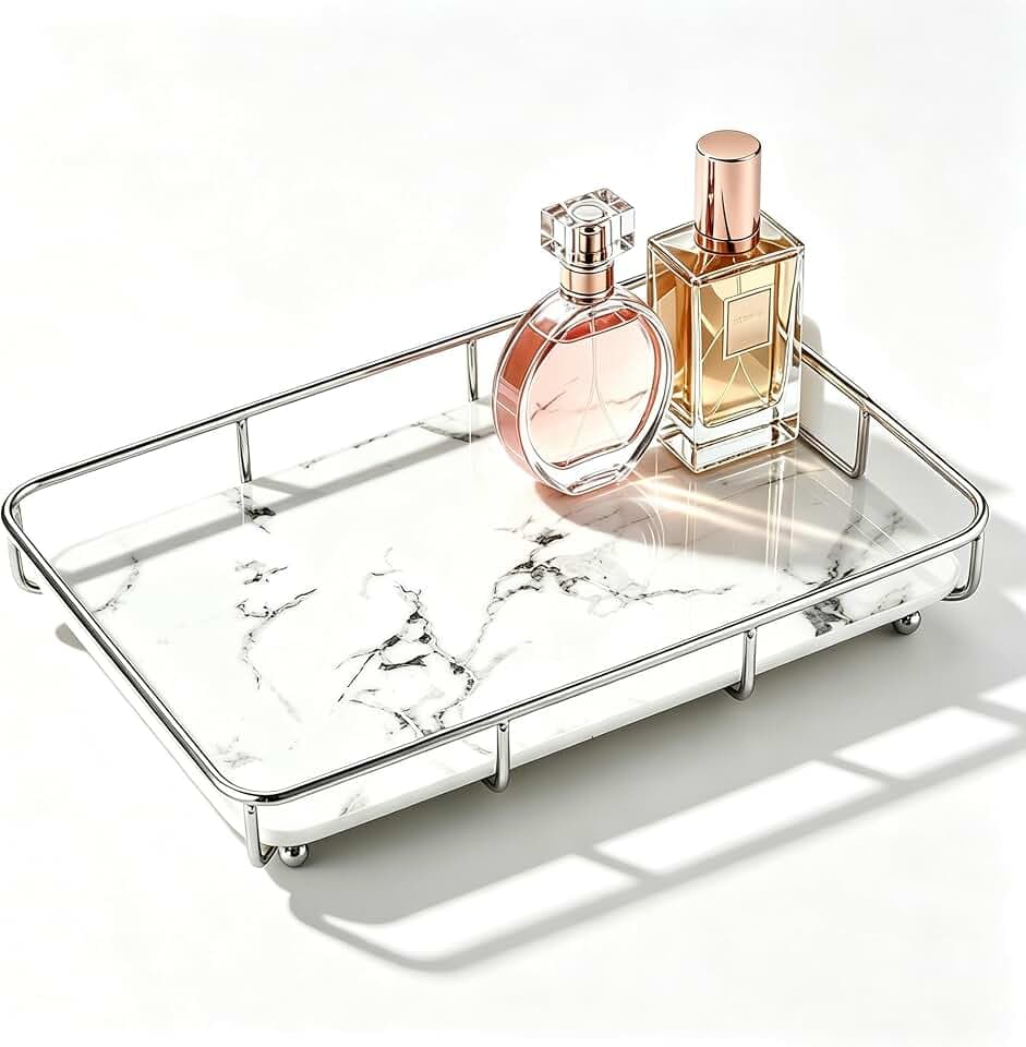 Dobbyby Vanity Tray Makeup Organizer Cosmetics Storage Bathroom Skincare Organizer Countertop Display Rack in Dresser Stainless Steel Shelf Marble Print Ceramic Trays