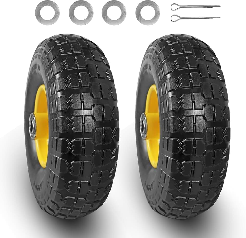 BIG RED 10'' Solid Rubber Tires and Wheels, 4.10/3.50-4" Flat Free Tubeless with 5/8" Axle Bore Hole Bearings, 2.17"Offset Hub, For Truck,Wheelbarrow, Utility Cart, Dolly, Garden