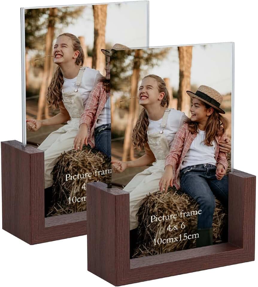 RLAVBL Doppelseitiger Bilderrahmen 10x15 cm aus Glas mit einer braunen Holzunterlage für Tischplatte, 2er Set