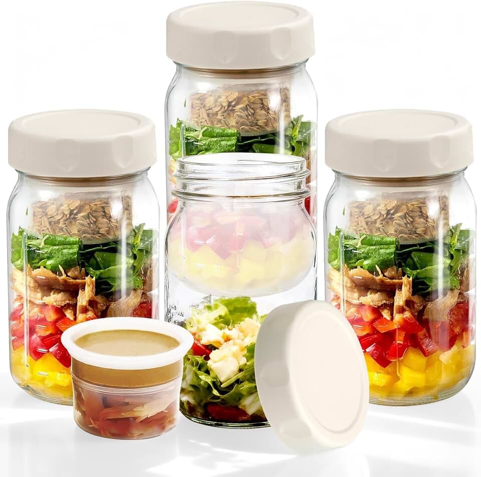 4PCS 32Oz Glass Salad Jars with 2 Built-in Dressing Containers