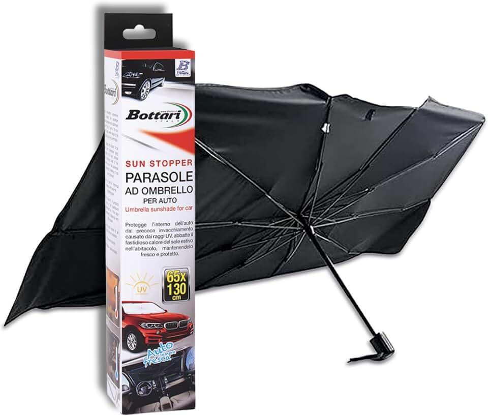 Bottari Auto-Sonnenschirm 130 x 65 cm – kompakt und faltbar – UV-Schutz – Universal Windschutzscheibe Auto und SUV