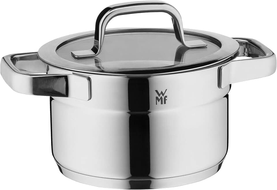 WMF Compact Cuisine Kochtopf klein 16cm, Glasdeckel, Fleischtopf Induktion 2l, Cromargan Edelstahl poliert, Innenskalierung, stapelbar, unbeschichtet
