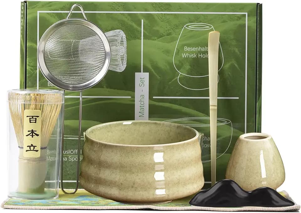 Matcha-Set - Matcha Besen Set - 6-teiliges Matcha-Tea-Set mit Matcha Schale,Besenhalter,Matcha Filtersieb,Löffel & Schaufel - Matcha Tea Set,matcha zubehör,Geschenkset für Matcha-Liebhaber (Grün 1)