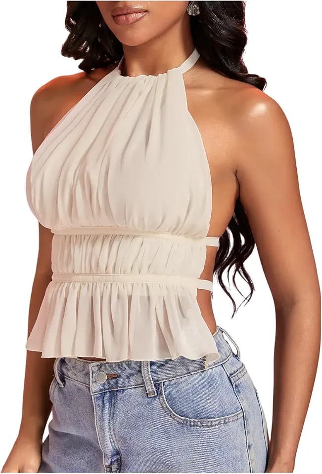Milumia Women's Ruffle Hem Halter Top Backless Sleeveless Party Club Tops