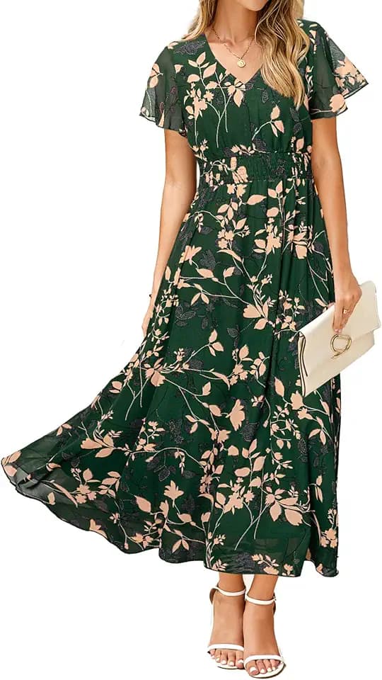 Simplee Womens Floral Maxi Dress Short Sleeve Summer Boho Wedding Guest Dress Empire Waist Chiffon Modest Midi Dresses