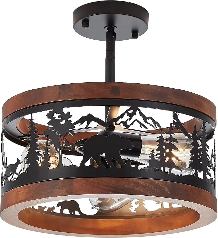 Rustic Farmhouse Semi-Flush Mount Ceiling Light Fixture, Round Metal and Wood 3-Light with Bear Design, E26 Base Wildlife Cabin Lighting for Kitchen, Bedroom, Hallway, Entryway, Sloped Ceiling