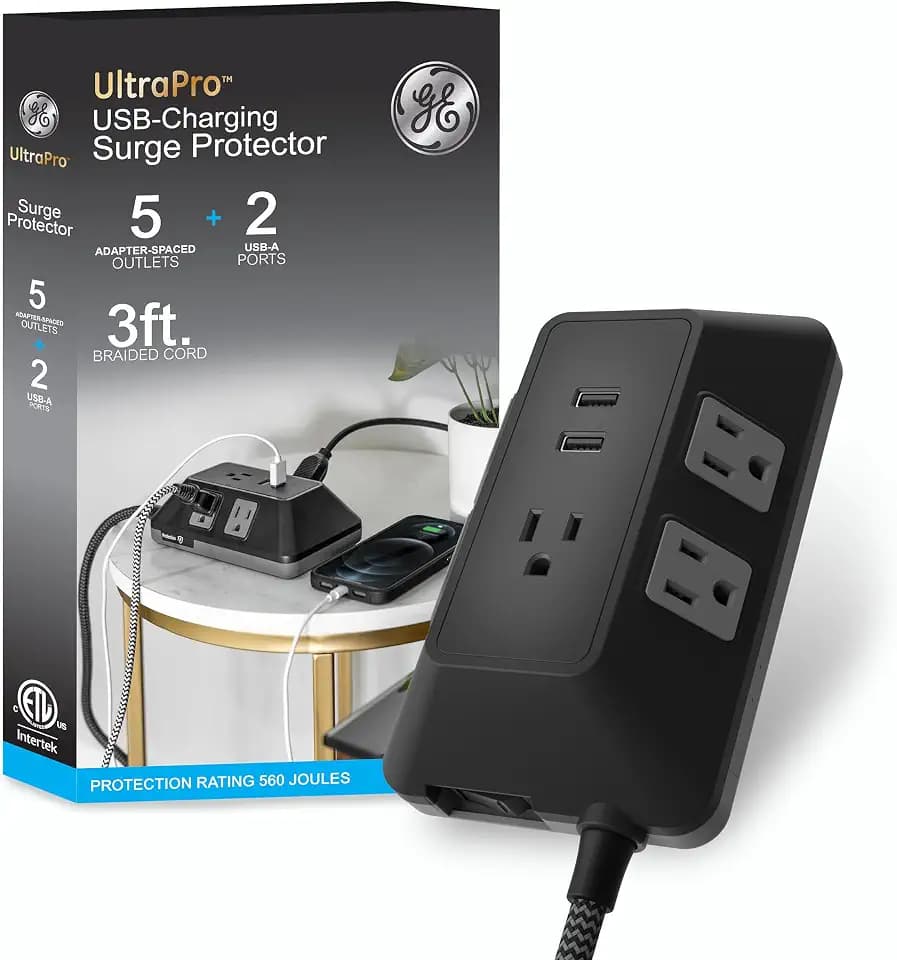 GE Surge Protector Power Strip with USB Ports, 3 Ft Braided Extension Cord