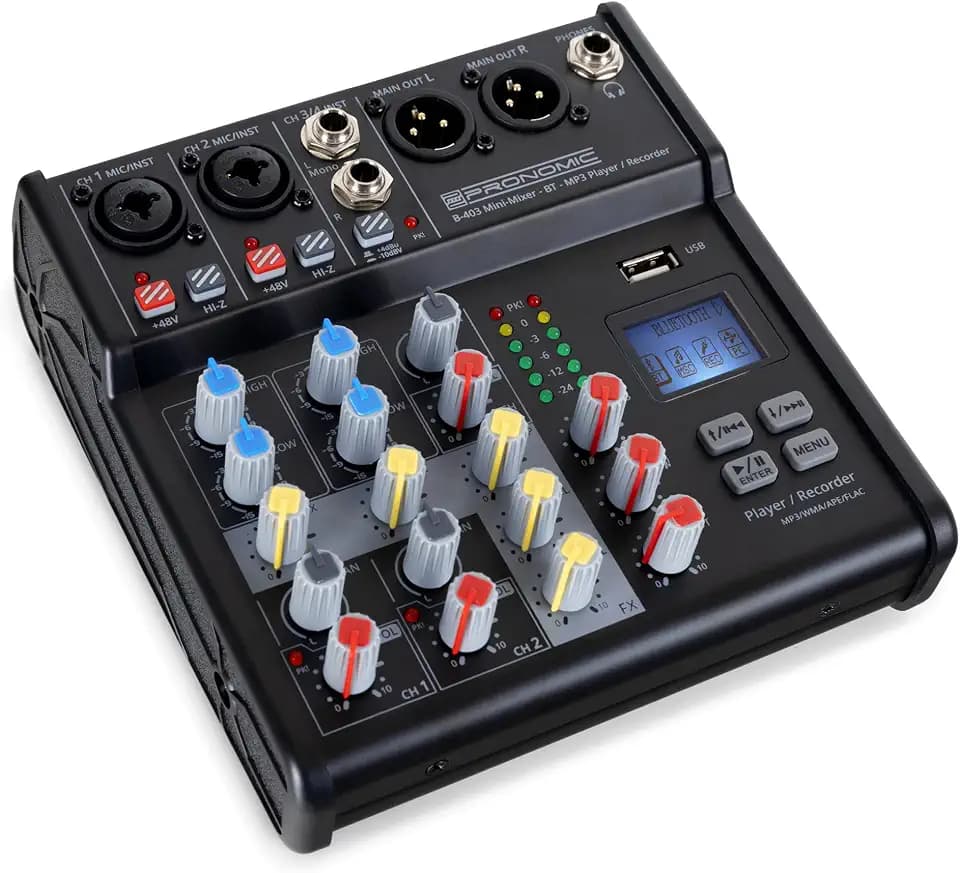 Pronomic B-403 Mini-Mixer mit Bluetooth und USB-Recording - Kompakter 4-Kanal Mixer - 2 Kanäle mit Combobuchsen, Phantomspeisung und Hi-Z Schalter - USB-Port - Main-Ausgänge im XLR-Format - Schwarz