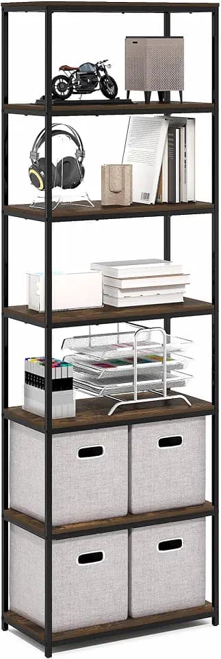 Furinno Simplistic Book Shelf, 7-Tier Bookshelf, Metal Frame Bookcases, Metal Storage Shelves, Storage and Organization, 11.8 x 23.6 x 74.9, for Living Room, Home Office, Bedroom, Amber Pine