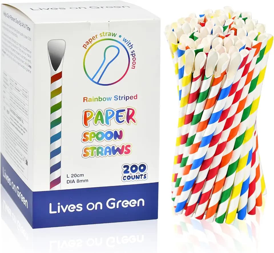Einweg Trinkhalme aus Papier mit Löffel, Papier-Schaufelhalme für Slushy, Smoothie, Milchshake, Gefrorene Getränke – 20,0 x 0,8 cm, 200 Stück, Bunte Streifen, Biologisch Abbaubar