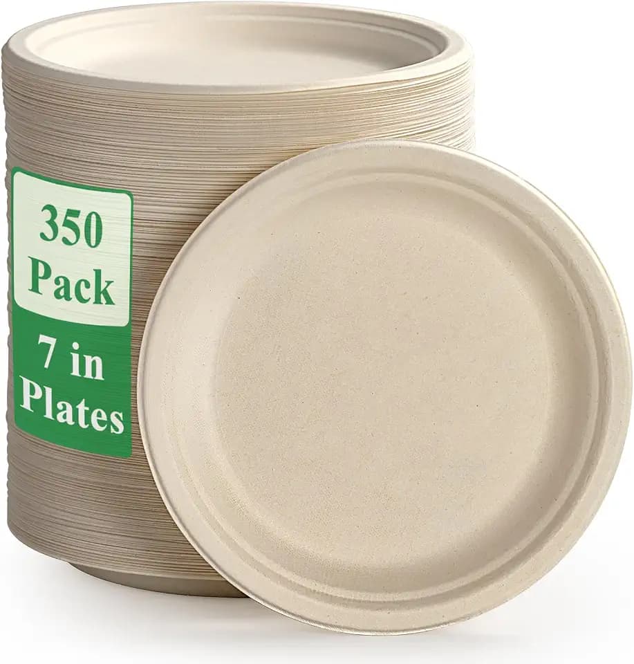 Vplus 350 Pack Compostable Bagasse Paper Plates 6.9 inch, Nature