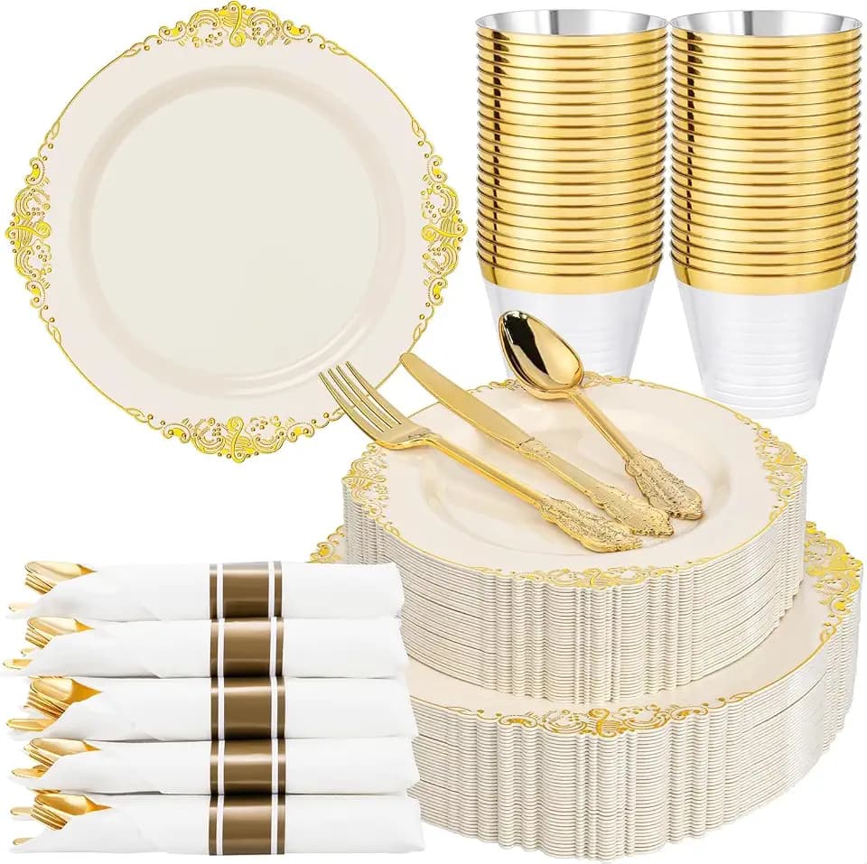 Nervure 175Pcs Ivory Plastic Plates, Disposable Party Plates for 25 Guests