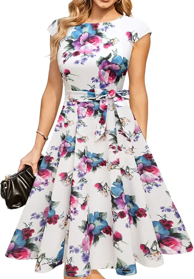 DRESSTELLS Cocktailkleid Damen Festliche Kleider 1950er Knielang Rockabilly Hochzeitkleid Swing Partykleid Vintage Petticoat Kleid White Flower S