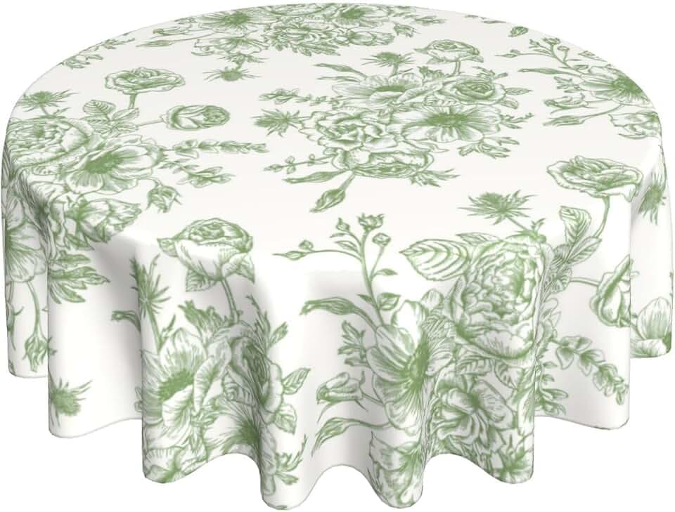 Sage Green Chinoiserie Round Tablecloth 70 Inch Green Floral Toile Chinoiserie Decor Table Cloth Vintage Flower Polyester Stain Resistance Round Table Cover for Party Picnic Kitchen Outdoor