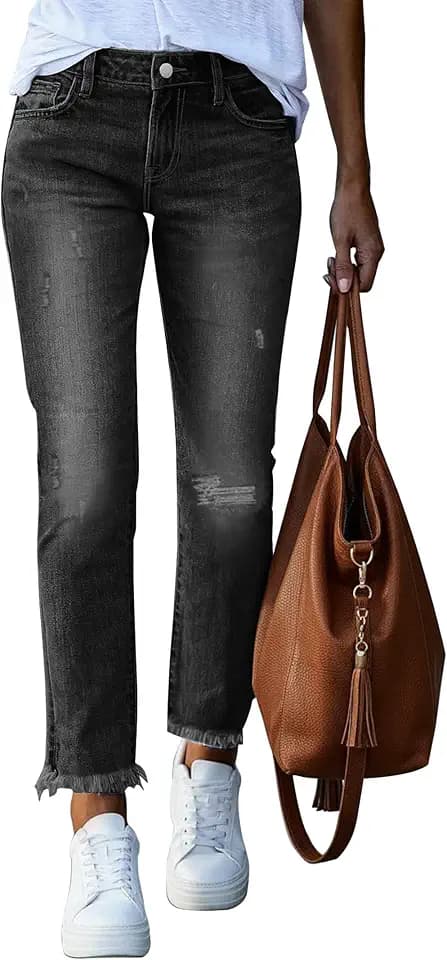SOFIA'S CHOICE Women High Waisted Raw Hem Cropped Jeans Ankle Denim Pants