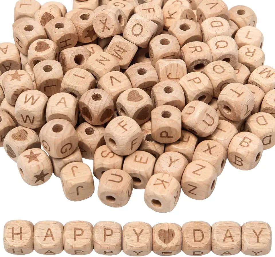 116 Stück Holzbuchstaben Perlen Set 12 mm Buchstabenperlen Eckig Holz A-Z