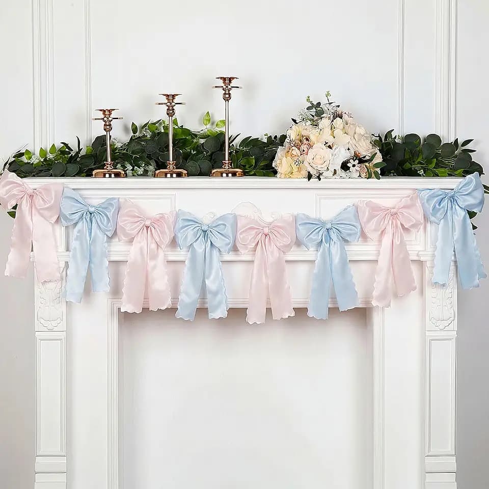 VitalCozy Pink Blue Bow Garland Coquette Party, Pre-Strung Satin Ribbon