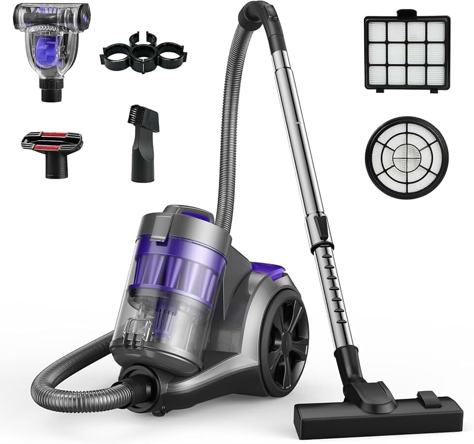 Aspiron 1700W Canister Vacuum Cleaner, 45Kpa Bagless Vacuum Cleaner, Multi-Cyclonic Filtration, 2 Anti-Allergen HEPA Filters, 3.5QT Dust Cup, 4 Tools, Corded Vacuum for Hard Floor, Pet Hair, Wisteria