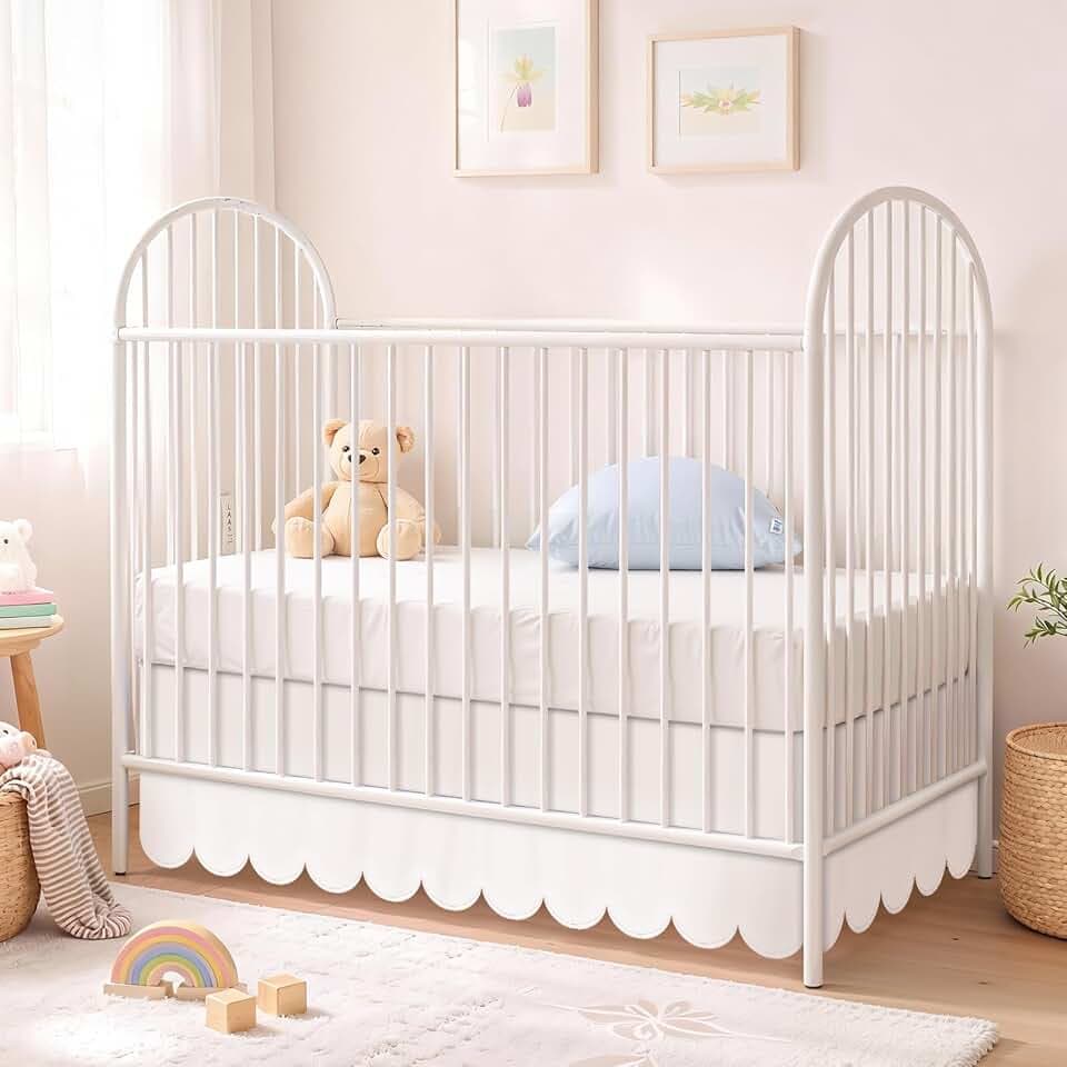 Hahafelt 28 x 52 Inch White Scalloped Crib Skirt, 14 Inch Drop