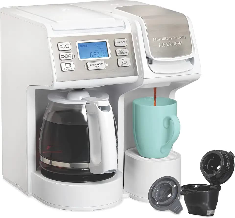 Hamilton Beach FlexBrew Trio 2-Way Coffee Maker, Compatible with K-Cup Pods or Grounds, Combo, Single Serve & Full 12 Cup Coffee Pot, White, Fast Brewing, Removeable Reservoir