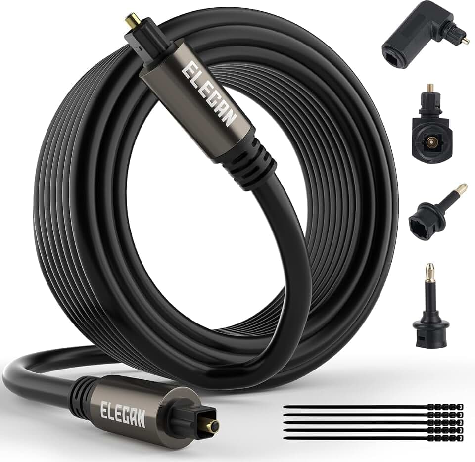 Elecan Optical Audio Cable 75 Ft Digital Audio Toslink Cable Cord-Fiber Optic-Gold Plated-Flexiable&Durable-for Home Theater,Sound Bar,PS4&Xbox-with 4 Right Angled and Mini Toslink Adapters+Ties