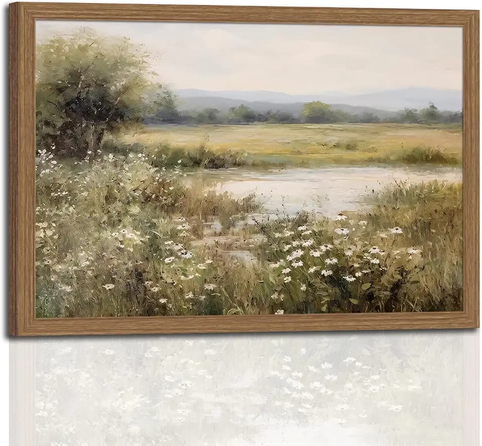 Framed Canvas Wall Art – Spring River Landscape with Wildflowers Painting, Vintage Decor, Farmhouse Wall Decor for Home, Office, Bedroom, Living Room Decor 16x24in