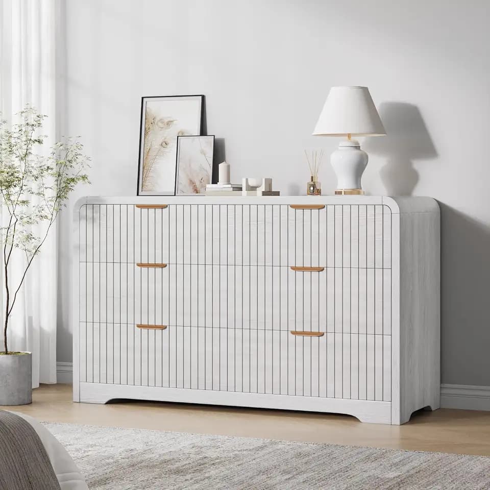Jocoevol Modern 6 Drawer Dresser for Bedroom, 47" Wide Wood Dressers & Chests of Drawers Curved Profile Design, Mid Century Modern Fluted Dresser for Bedroom, White