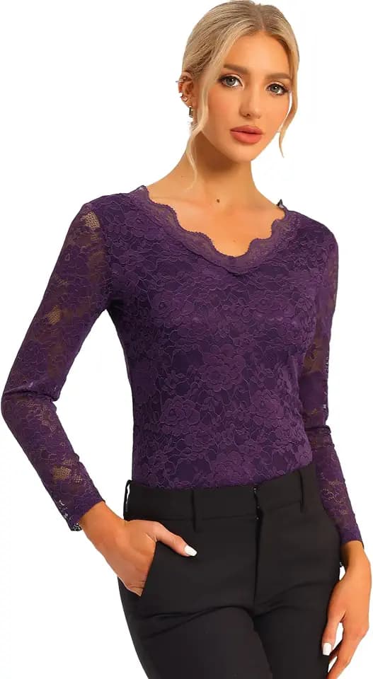 Allegra K Damen Langarm Durchsichtig Spitze Dirndl Trachtenbluse Oberteil Rüschenkragen Mesh Blumen Lace Top Bluse