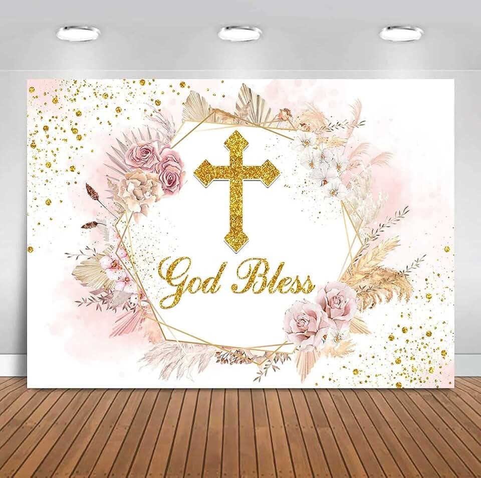 Sensfun Boho Baptism Backdrop Mi Bautizo Christening Baby Shower Background God Bless Girls First Holy Communion Party Decorations Pampas Grass Blush Flower Photo Booth Banner 7x5ft