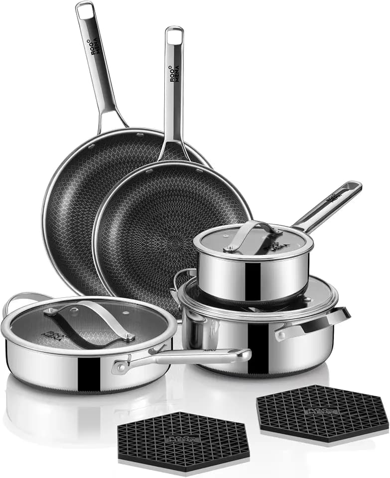 Pots and Pans Set Hybrid Stainless Steel, 10PC Nonstick Cookware Set