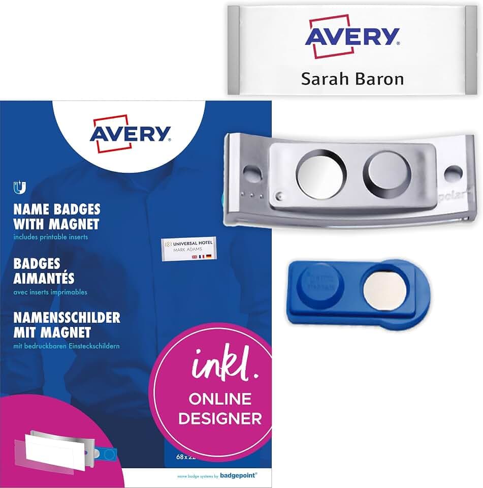 AVERY Zweckform polar30 Namensschilder 20 Stück (70x30mm, 20 Schilder mit Magnet, verdrehsicher, mit blanko Einsteckschildern zum Bedrucken, magnetische Namensschilder für Kleidung) edelstahl matt