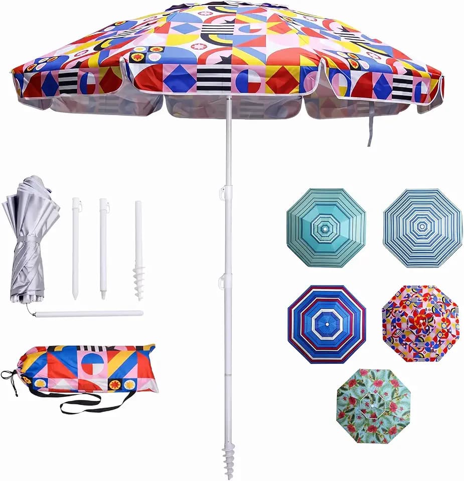 LOTTAFUN 6ft Beach Umbrella - Heavy Duty Wind Resistant UV 50+ Portable Sun Shade with Sand Anchor & Carry Bag, Outdoor Folding Umbrella for Beach, Pool, Patio, Garden (Print Flower) No tilt The sand needs to exceed the spiral 6inch