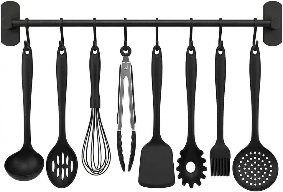 joeji's Kitchen Hakenleiste Küche - Küchenstange - Starker Selbstklebend 3M Ohne Bohren - Küchenleiste Stange für Küchenutensilien -Küchenhelfer Leiste (Black)