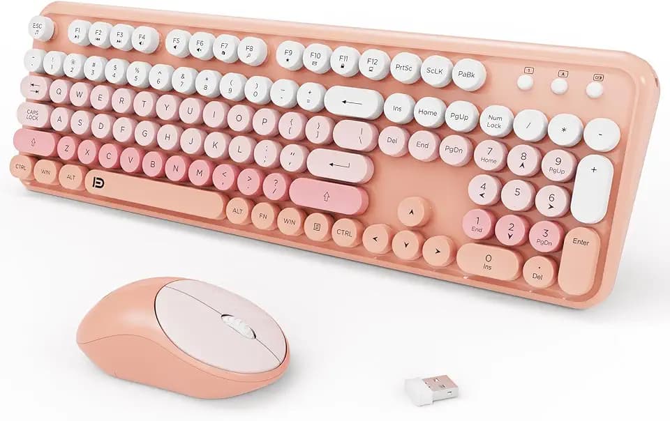 Wireless Keyboards Mouse Combos, Colorful Cute Typewriter Full-Size Retro Round Keycaps, 2.4GHz Cordless Sleep Mode Office Quiet Wireless Keyboard and Mouse Set for Desktop Laptop PC Computer