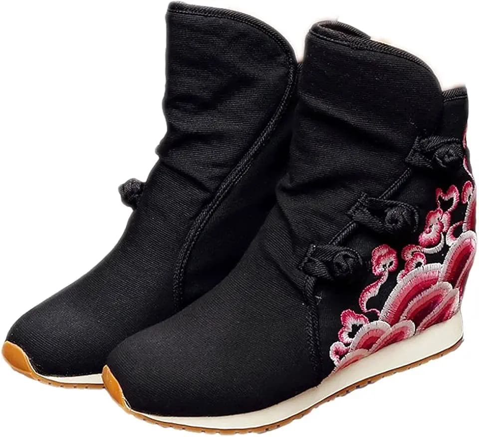 Lazutom Damen Stiefeletten im chinesischen Stil, bequem, modisch, Keilabsatz, Schwarz - Schwarz - Größe: 40 EU