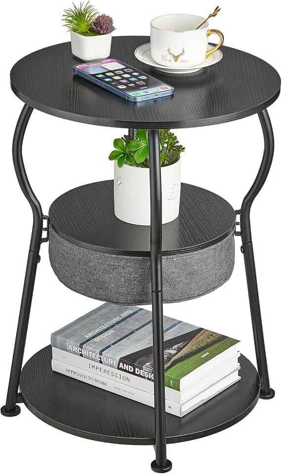 Runder Beistelltisch Vintage, 3-stufiger Industrieller Runder Beistelltisch mit Stauraum, Nachttisch Kleiner Tisch Sofatisch für Wohnzimmer Schlafzimmer Balkon (Tintenschwarz, 40W*55H)