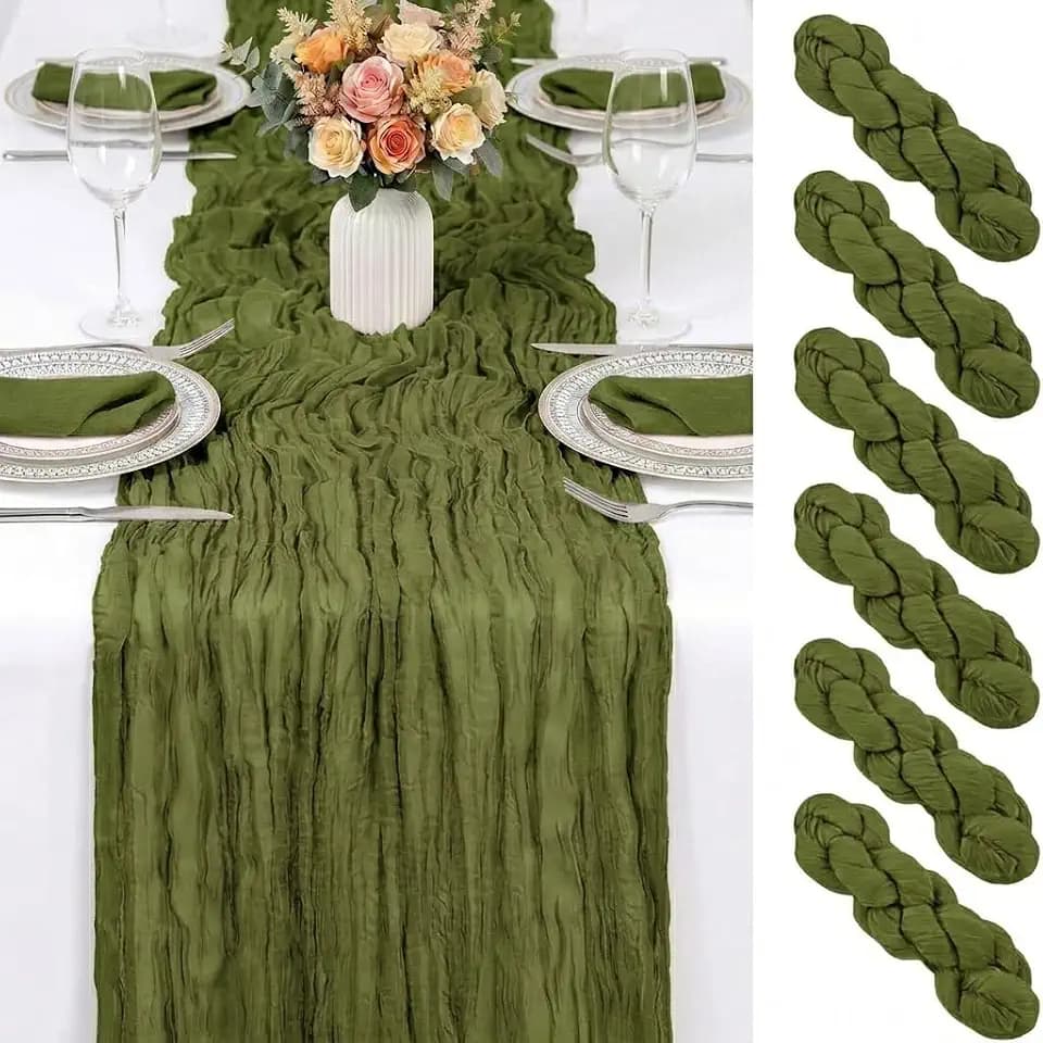 6 Pack Olive Green Cheesecloth Table Runner 17x108 Inch Semi Sheer Boho Gauze Cheese Cloth Table Runners for Party Wedding Sheer Runners for Baby Bridal Shower