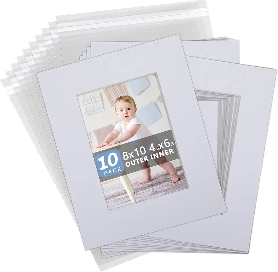Somime 10Pack Acid-Free 8x10 White Mat Set for 5x7 Pictures with Bevel Cut
