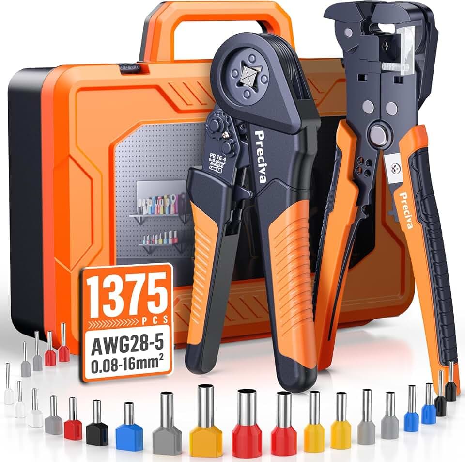 Preciva Crimpzange, Aderendhülsenzange und Abisolierzange für Leiter von 0,2 bis 6,0 mm² Set mit Koffer, Crimpzange 0,08-16mm² mit 265 Twin und 1110 Einzeilige Aderendhülsen Set