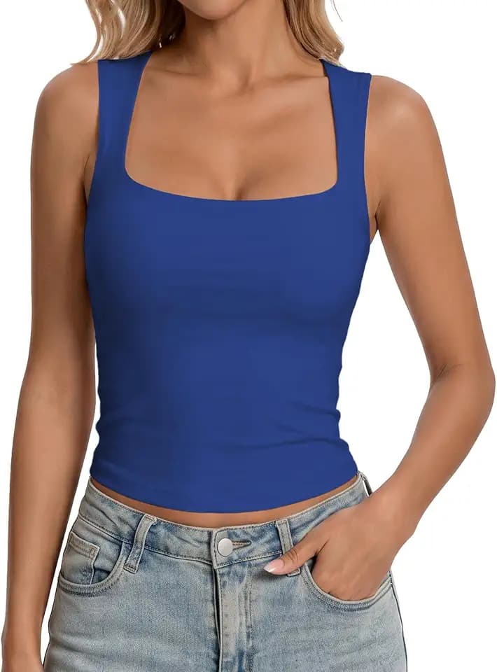 LanGui Womens Double Lined Sleeveless Tank Tops - Square Neck Crop Top Soft Basic Camisole Fitted Shirts for Summer Going Out